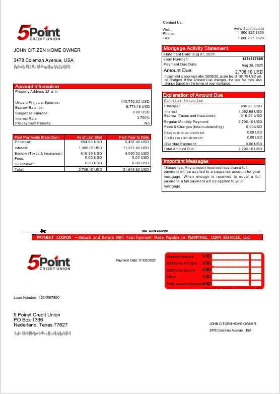 Download USA Texas 5Point Credit Union  bank mortgage statement in Word and PDF formats Photoshop template